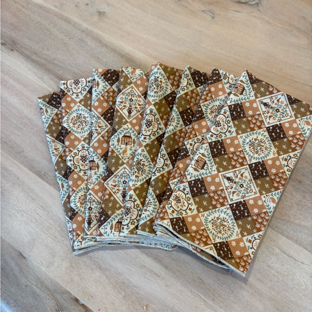 Vintage cloth napkins Patchwork Design Brown and Tan set of 8